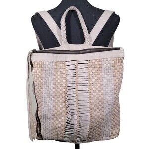 Cleobella Pink Cream Woven Leather Backpack Boho Braided Straps Large Tote Bag